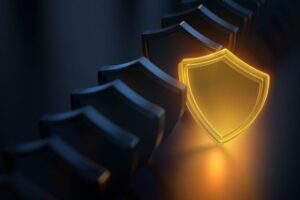 Security concept. Glowing shield icon. Modern futuristic technology background. 3D render