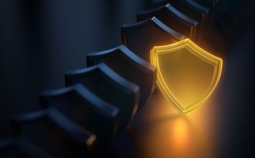 Security concept. Glowing shield icon. Modern futuristic technology background. 3D render